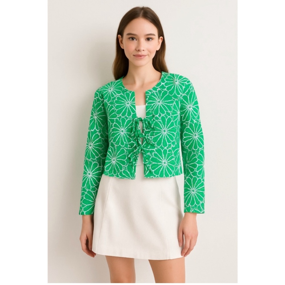 Marc New York Bright Green Floral Tie-Front Crop Cardigan